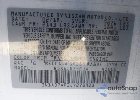 2018 Nissan Sentra Sr z USA, uszkodzony, nr VIN 3N1AB7AP3JY278923